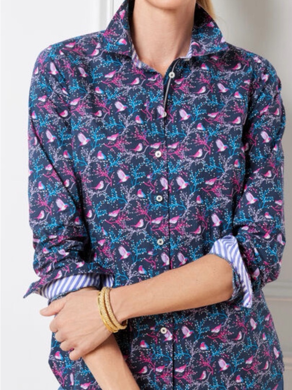 Talbots Womens Navy Multi Cardinals Bird Cotton Button Up Shirt Festive Medium